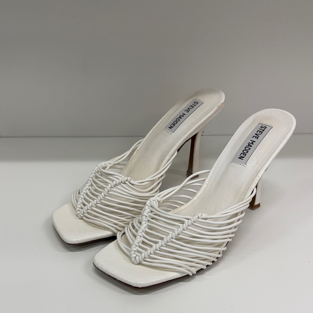 Steve Madden White Woven Strappy High Heel Mules